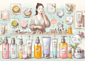 Create an image of a step-by-step Korean skincare routine for oily skin, illustrating various products such as cleanser, toner, essence, serum, sheet mask, moisturizer, and sunscreen. Each product sho