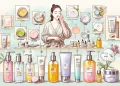 Create an image of a step-by-step Korean skincare routine for oily skin, illustrating various products such as cleanser, toner, essence, serum, sheet mask, moisturizer, and sunscreen. Each product sho