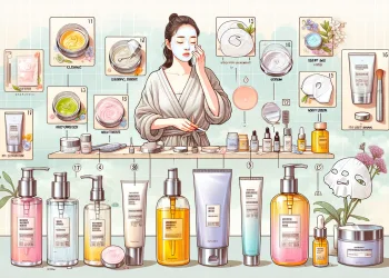 Create an image of a step-by-step Korean skincare routine for oily skin, illustrating various products such as cleanser, toner, essence, serum, sheet mask, moisturizer, and sunscreen. Each product sho