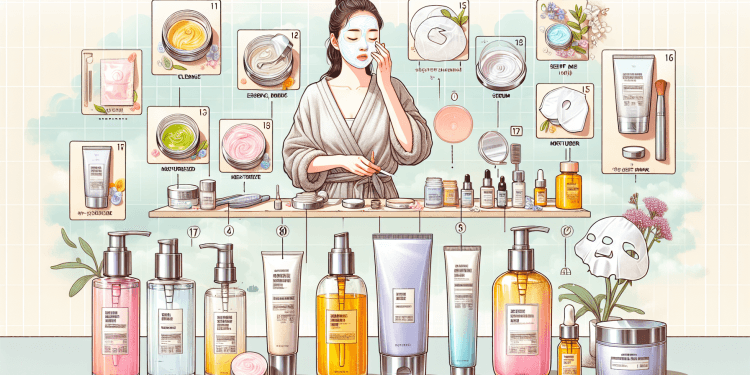 Create an image of a step-by-step Korean skincare routine for oily skin, illustrating various products such as cleanser, toner, essence, serum, sheet mask, moisturizer, and sunscreen. Each product sho