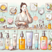 Create an image of a step-by-step Korean skincare routine for oily skin, illustrating various products such as cleanser, toner, essence, serum, sheet mask, moisturizer, and sunscreen. Each product sho