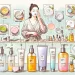 Create an image of a step-by-step Korean skincare routine for oily skin, illustrating various products such as cleanser, toner, essence, serum, sheet mask, moisturizer, and sunscreen. Each product sho