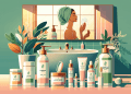 Create an image of a serene, minimalist bathroom scene with natural light filtering in. Feature a countertop with simple yet elegant skincare products such as a cleanser, moisturizer, and serum labele