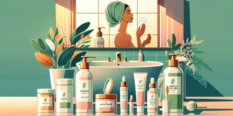 Create an image of a serene, minimalist bathroom scene with natural light filtering in. Feature a countertop with simple yet elegant skincare products such as a cleanser, moisturizer, and serum labele