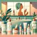 Create an image of a serene, minimalist bathroom scene with natural light filtering in. Feature a countertop with simple yet elegant skincare products such as a cleanser, moisturizer, and serum labele