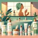 Create an image of a serene, minimalist bathroom scene with natural light filtering in. Feature a countertop with simple yet elegant skincare products such as a cleanser, moisturizer, and serum labele