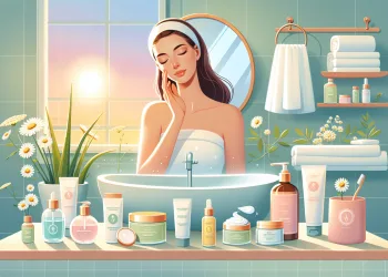 A serene bathroom scene with soft, natural lighting featuring a variety of gentle skincare products designed for sensitive skin. Include items like hypoallergenic cleansers, moisturizing creams, and s