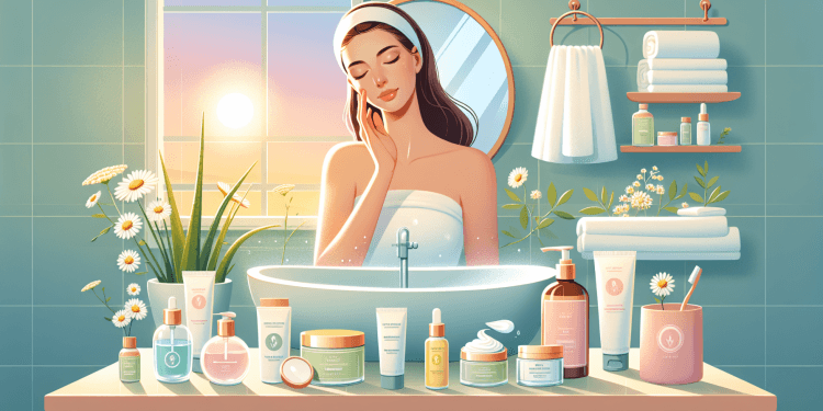 A serene bathroom scene with soft, natural lighting featuring a variety of gentle skincare products designed for sensitive skin. Include items like hypoallergenic cleansers, moisturizing creams, and s