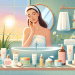 A serene bathroom scene with soft, natural lighting featuring a variety of gentle skincare products designed for sensitive skin. Include items like hypoallergenic cleansers, moisturizing creams, and s