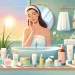 A serene bathroom scene with soft, natural lighting featuring a variety of gentle skincare products designed for sensitive skin. Include items like hypoallergenic cleansers, moisturizing creams, and s