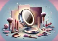 Create an image of a compact and sleek travel makeup mirror set in an elegant, minimalist background. The mirror should have built-in LED lighting, a magnifying side, and a chic, modern design with a