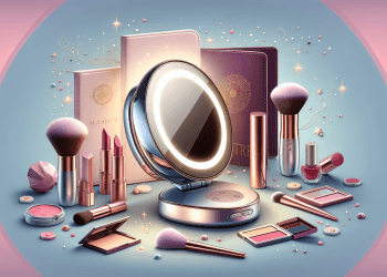 Create an image of a compact and sleek travel makeup mirror set in an elegant, minimalist background. The mirror should have built-in LED lighting, a magnifying side, and a chic, modern design with a