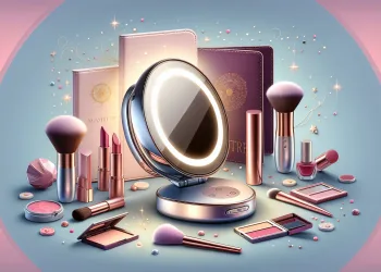 Create an image of a compact and sleek travel makeup mirror set in an elegant, minimalist background. The mirror should have built-in LED lighting, a magnifying side, and a chic, modern design with a