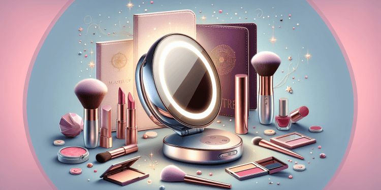 Create an image of a compact and sleek travel makeup mirror set in an elegant, minimalist background. The mirror should have built-in LED lighting, a magnifying side, and a chic, modern design with a