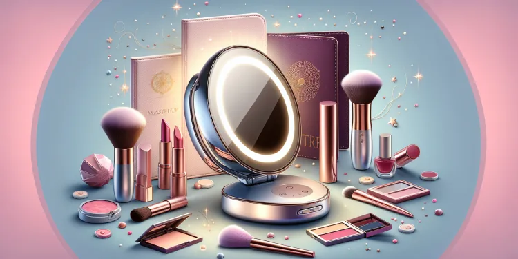 Create an image of a compact and sleek travel makeup mirror set in an elegant, minimalist background. The mirror should have built-in LED lighting, a magnifying side, and a chic, modern design with a