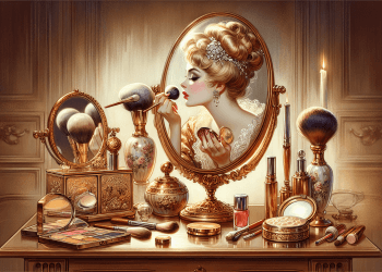 An elegant vanity with a vintage powder puff, surrounded by various classic makeup items like rouge, eyeshadow palettes, and brushes. A luxurious mirror reflects a person delicately applying powder to
