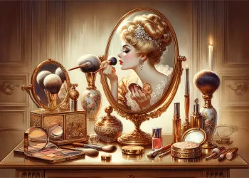 An elegant vanity with a vintage powder puff, surrounded by various classic makeup items like rouge, eyeshadow palettes, and brushes. A luxurious mirror reflects a person delicately applying powder to