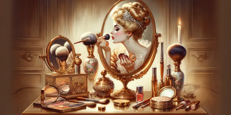 An elegant vanity with a vintage powder puff, surrounded by various classic makeup items like rouge, eyeshadow palettes, and brushes. A luxurious mirror reflects a person delicately applying powder to