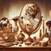 An elegant vanity with a vintage powder puff, surrounded by various classic makeup items like rouge, eyeshadow palettes, and brushes. A luxurious mirror reflects a person delicately applying powder to