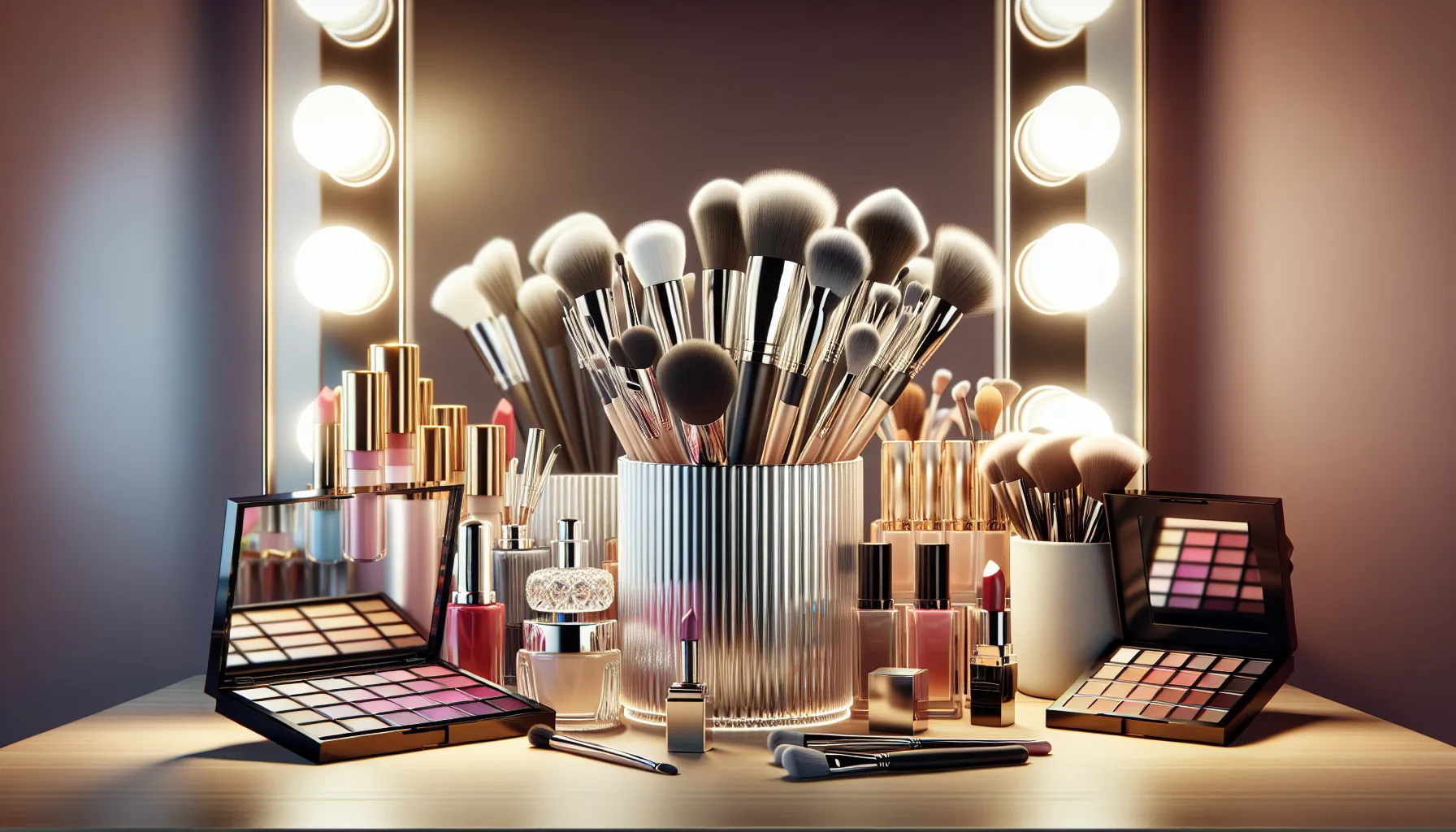 Create an image depicting an elegant makeup station with a well-organized holder filled with various sizes and types of makeup brushes. The holder should be stylish and chic, made of clear acrylic or